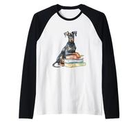Doberman, Cane, Lettura, Libri, Acquerello, Arte Maglia con Maniche Raglan