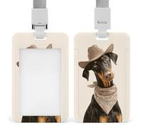 Doberman Pinscher in un cappello da cowboy, porta badge con clip retrattile, porta carte di credito, nome, targhetta per lavoro, ufficio, dottore, infermiere