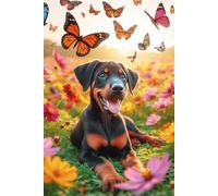 Doberman Pinscher Puppy in a field of colorful flowers Notebook - Large 6 x 9 inches - 127 Pages