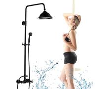 doccia a pioggia + doccetta a due manici, in stile retrò, per doccia, set da doccia anticato, colore nero, set vintage, montato a parete, colonna doccia, 80-120 cm