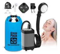Doccia da Campeggio Portatile, Pompa Doccia da Campeggio con Batteria Ricaricabile 6000mAh e indicatore della Temperatura, Testa Doccia Multifunzionale e Tubo 2M, cestiera Pieghevole da 20L