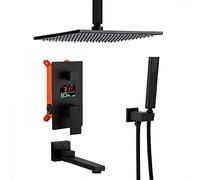 Doccia, Display Digitale a LED a soffitto Digital Black Bath Bathin Mixer Taps Doccia con pluviali Quadrati da 10-12 Pollici di Doccia e tappeti, Set di Doccia di Lusso, 10 Pollici