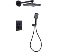 Doccia termostatica Set di fuacet, sistema di doccia a pulsante, display a temperatura, soffione a pioggia con doccia portatile, set di doccia con miscelatore a pioggia montato a parete, nero