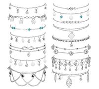 Dochais 15-24 pezzi Cavigliera d'argento lucido con strass impermeabile Boho cavigliera estiva regolabile Cavigliera da donna Cavigliera d'epoca, 21cm (15 pezzi, A)