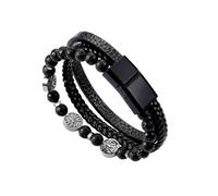 Dochais Bracciale Uomo, Bracciali In Vera Pelle Per Uomo, Bracciale Dell'Albero Della Vita Vichingo, Bracciale Intrecciato In Pietra Naturale, Con Chiusura a Calamita (A, negro, 19cm)