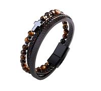 Dochais Bracciale Uomo In Vera Pelle Di Acciaio Inossidabile,Bracciale Con Croce Di Gesù Cristo, Braccialetti Intrecciato In Pietra Naturale Con Chiusura a Magnete, Nero/Marrone (B, marrone)