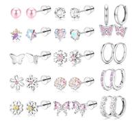 Dochais Orecchini Bambina Ragazze Anallergici Acciaio Chirurgico Argento | Set Orecchino Cerchio Donna Piccoli CZ Perla Cuore Fiore Farfalla Orecchini con Chiusura a Vite Gioielli Regalo 14 Paia