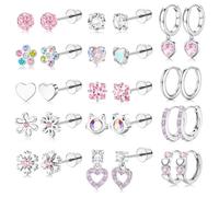 Dochais Orecchini Bambina Ragazze Anallergici Acciaio Chirurgico Argento | Set Orecchino Cerchio Donna Piccoli CZ Perla Cuore Fiore Farfalla Orecchini con Chiusura a Vite Gioielli Regalo 14 Paia