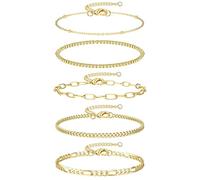 Dochais Set 5 Bracciali Oro 14K, Catena Regolabile Figaro con Perline per Donna, Stile Bohemien