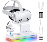 Dock Ricarica Rapida per Meta Quest 3S, Stazione Compatibile con Visore, Controller e Cinturino Elite, con Luci RGB e 2 Batterie Ricaricabili, Caricatore Magnetico per Quest 3S VR Accessori
