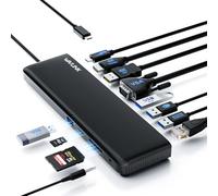 Docking station USB C 3 monitor, docking station WAVLINK con HDMI, DP, VGA, 100W PD, USB3.0&2.0, RJ45, slot SD/TF, audio/microfono, per Lenovo/HP/Dell, ecc. Nero