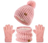 DOCVIT Set berretto invernale con pompon e guanti Scart per bambini, berretto in lana lavorato a maglia con fodera in pile per bambini e bambine dai 3 ai 9 anni