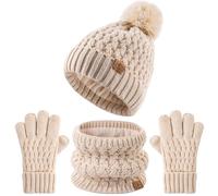 DOCVIT Set berretto invernale con pompon e guanti Scart per bambini, berretto in lana lavorato a maglia con fodera in pile per bambini e bambine dai 3 ai 9 anni