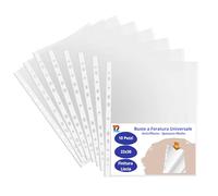 Dodici Buste Forate A4 Trasparenti Lisce - Porta Documenti a Foratura Universale per Raccoglitori ad Anelli - Spessore Medio, Finitura Cristallo Lucida - Formato 22x30 cm 10 pezzi