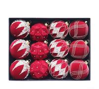 Dodici ornamenti natalizi floccati con elementi riflettenti glitterati per un maggiore interesse visivo sugli alberi (rosso vinaccio)