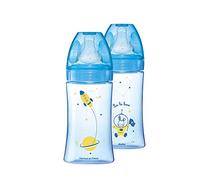 Dodie, Confezione da 2 Biberon Anticolica Initiation+, Blu / Cosmonauta. 270 ml, da 0 a 6 mesi, Tettarella Rotonda, Flusso Medio Piccolo