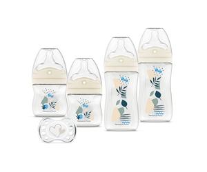 DODIE Set di 4 biberon nascente, anticolica, tetine multi-perforate (2 x 150 ml e 2 x 270 ml), un ciuccio per nascita, blu
