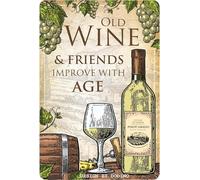 DODINO 20 x 30 cm, in stile retrò, OLD WINE AND FRIENDS IMPROVE WITH AGE, targa decorativa in metallo, idea regalo per bevitori di vino