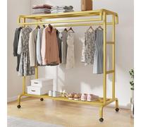 DODOBD Stand Appendiabiti da Terra Canne Doppie con Supporto per Scarpa,Salvaspazio Appendiabiti da Terra con Ruote,Stender Appendiabiti per Negozi,Struttura in Acciaio,Resistente