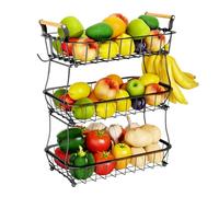 doepeBAE Fruteros de Cocina 3 Pisos, Fruteros de Cocina Modernos Negro, Manualidad con Pintura de Metal, con 2 Ganchos Tipo Banana, para Almacenar Fruta, Verdura y Pan (B-3)