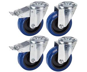 Dörner + Helmer Set di 4 ruote professionali da 100 mm, in gomma elastica blu, foro posteriore, mix di ruote, portata 450 kg