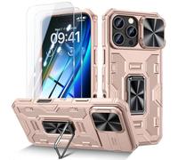 Doeshine Cover per iPhone 16 Pro Max, con 2 Pellicola Vetro Temperato e 360° Ring Supporto, Copertura Fotocamera Scorrevole, Armour Militare Grado Shockproof Custodia per iPhone 16 Pro Max (Oro)