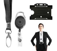 DOETYD Set di 3 cordini retrattili e porta badge, con bobina retrattile, porta carte d'identità e portachiavi per carta di credito, nero