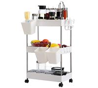 DOEWORKS Carrelli Portaoggetti con Tazze Appese Carrello Cucina a 3 Ripiani, Organizer Carrello Scaffale con Ruote per Cucina Bagno Ufficio, Bianca