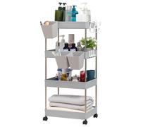 DOEWORKS Carrelli Portaoggetti con Tazze Appese Carrello Cucina a 4 Ripiani, Organizer Carrello Scaffale con Ruote per Cucina Bagno Ufficio, Grigio