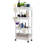 DOEWORKS Carrelli Portaoggetti con Tazze Appese Carrello Cucina a 4 Ripiani, Organizer Carrello Scaffale con Ruote per Cucina Bagno Ufficio, Bianca