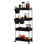 DOEWORKS Carrelli Portaoggetti con Tazze Appese Carrello Cucina a 4 Ripiani, Organizer Carrello Scaffale con Ruote per Cucina Bagno Camera Ufficio, Nero