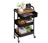 DOEWORKS Carrello Metallo Con Ruote Portatutto, 3 Ripiani Con Cassetto, Per Cucina, Bagno, Ufficio, Trucco - Nero
