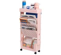 DOEWORKS Libreria Piccolo Scaffale per Libri, Carrello Portaoggetti Libreria con Ruote 5 Livelli Carrello Cucina, Carrello con Ruote per Soggiorno Biblioteca Camera da Letto Ufficio, Rosa