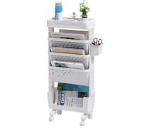 DOEWORKS Libreria Piccolo Scaffale per Libri, Carrello Portaoggetti Libreria con Ruote 5 Livelli Carrello Cucina, Carrello con Ruote per Soggiorno Biblioteca Camera da Letto Ufficio, Bianca con Tazze