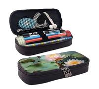 DOFFO Astuccio carino con stampa di fiori di loto, astuccio estetico, astuccio speciale in pelle artificiale, astuccio resistente con cerniera, per uomini, donne, ufficio, lavoro e studio, Nero ,