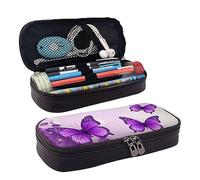 DOFFO Astuccio per matite estetico con stampa di farfalle viola, astuccio speciale per penne in pelle artificiale, astuccio resistente con cerniera, per uomini, donne, ufficio, lavoro e studio, Nero ,