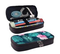 DOFFO Astuccio per matite estetico con stampa floreale rosa Hawaii, astuccio speciale in pelle artificiale, astuccio resistente con cerniera, per uomini e donne, ufficio, lavoro e studio, Nero ,