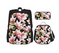 DOFFO Beauty Pink Floral Flowers Print Backpack Set, zaino da viaggio per computer portatile per donne uomini casual bookbag con borsa per il pranzo astuccio portamatite 3 pezzi, nero, taglia unica,