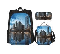 DOFFO Chicago - Set zaino da viaggio con stampa riflessa, zaino da viaggio per laptop per donne e uomini, casual, con borsa per il pranzo, astuccio per matite, 3 pezzi, nero, taglia unica, Nero ,