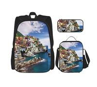 DOFFO Cinque Terre - Set zaino da viaggio con stampa paesaggistica, zaino da viaggio per computer portatile, per donne e uomini, casual, con borsa per il pranzo, astuccio per matite, 3 pezzi, nero,