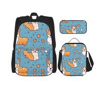 DOFFO Corgi, set di zaino da viaggio con stampa, zaino da viaggio per computer portatile, per donne e uomini, casual, con borsa per il pranzo, astuccio per matite, 3 pezzi, nero, taglia unica, Nero ,