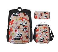 DOFFO Delizioso set di zaino con stampa di sushi, zaino da viaggio per laptop per donne e uomini, borsa casual con borsa per il pranzo e astuccio per matite, 3 pezzi, nero, Taglia unica