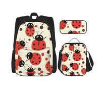 DOFFO Divertente set di zaino con stampa coccinella, zaino da viaggio per computer portatile per donne e uomini, borsa per libri casual con borsa per il pranzo, astuccio per matite, 3 pezzi, nero,