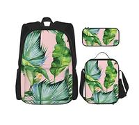 DOFFO Fresh Banana Leaves Print Backpack Set, zaino da viaggio per computer portatile per donne uomini casual bookbag con borsa per il pranzo astuccio 3 pezzi, nero, taglia unica, Nero , Taglia unica
