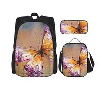 DOFFO Set di 3 zaini colorati con stampa a farfalla ricamata, zaino da viaggio per computer portatile per donne e uomini, casual, con borsa per il pranzo, astuccio per matite, 3 pezzi, nero, taglia