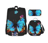 DOFFO Set di 3 zaini colorati con stampa di farfalle, zaino da viaggio per computer portatile per donne e uomini, casual, con borsa per il pranzo, astuccio per matite, 3 pezzi, nero, taglia unica,