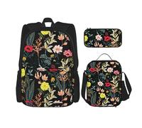 DOFFO Set di 3 zaini colorati con stampa floreale bohémien, zaino da viaggio per computer portatile per donne e uomini, casual, con borsa per il pranzo, astuccio per matite, 3 pezzi, nero, taglia