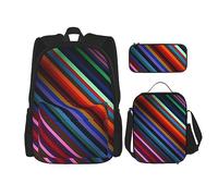 DOFFO Set di 3 zaini con stampa a righe colorate, zaino da viaggio per computer portatile per donne e uomini, casual, con borsa per il pranzo, astuccio per matite, nero, taglia unica, zaini da giorno,