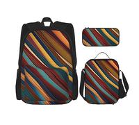 DOFFO Set di 3 zaini con stampa a righe colorate, zaino da viaggio per computer portatile, unisex, borsa per libri casual con borsa per il pranzo e astuccio per matite, nero, Taglia unica