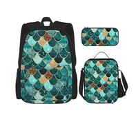 DOFFO Set di 3 zaini con stampa a squame di sirena, zaino da viaggio per computer portatile, unisex, casual, con borsa per il pranzo, astuccio per matite, 3 pezzi, nero, taglia unica, Nero , Taglia